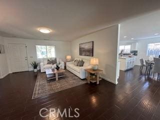 living room with dark hardwood / wood-style flooring