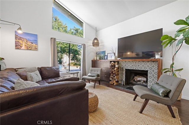 living room featuring wood-type flooring, a fireplace, and high vaulted ceiling