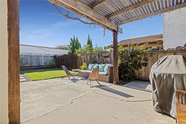 view of patio / terrace featuring an outdoor hangout area and a pergola