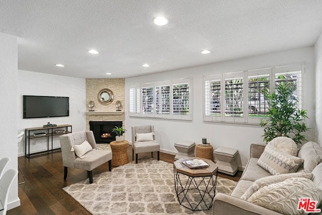 living room featuring a large fireplace, wood-type flooring, and a textured ceiling