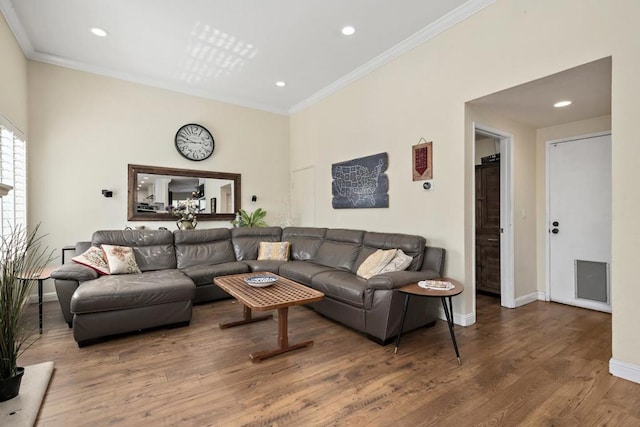 living room with crown molding and hardwood / wood-style floors