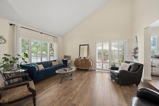 living room with high vaulted ceiling and wood-type flooring