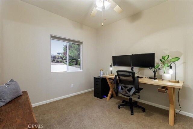 office featuring ceiling fan and carpet flooring