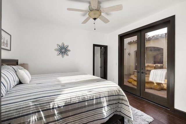 bedroom featuring french doors, dark hardwood / wood-style flooring, and ceiling fan