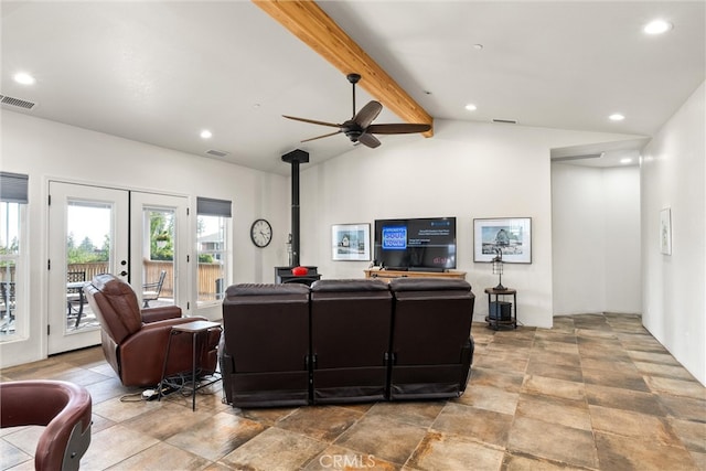 living room featuring french doors, ceiling fan, and vaulted ceiling with beams