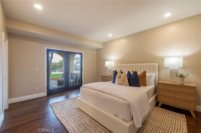 bedroom with dark wood-type flooring, access to outside, and french doors