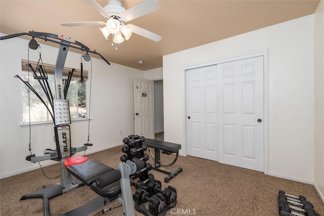 exercise room featuring carpet floors and ceiling fan