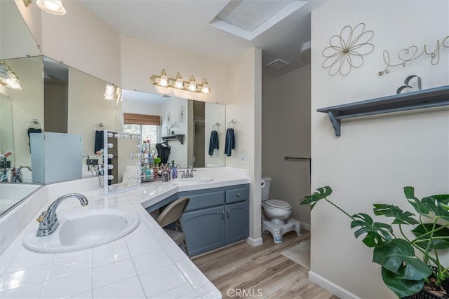 bathroom with vanity, hardwood / wood-style flooring, and toilet