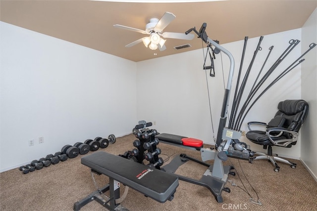 workout room featuring carpet flooring and ceiling fan