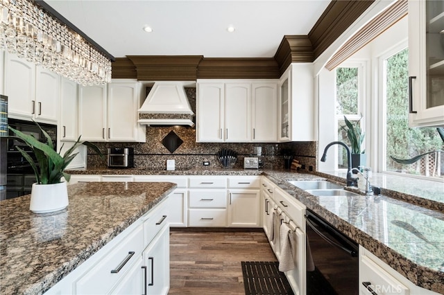 2550 E Jenny Ave, Fresno, CA 93720 - kitchen with sink, black dishwasher, dark hardwood / wood-style floors, white cabinets, and custom range hood