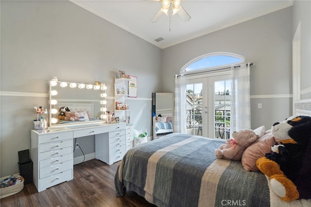 2550 E Jenny Ave, Fresno, CA 93720 - bedroom featuring ceiling fan, access to exterior, dark wood-type flooring, and crown molding