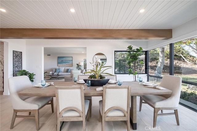 sunroom / solarium featuring beam ceiling, plenty of natural light, and wooden ceiling