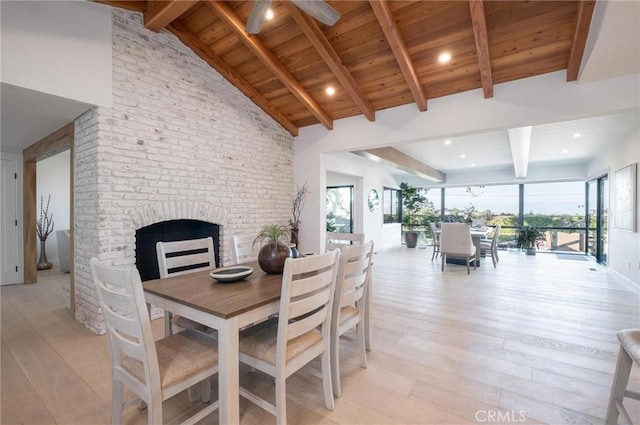 dining area featuring beamed ceiling, light wood-type flooring, and wooden ceiling