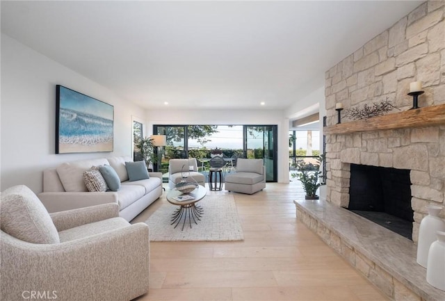 living room featuring a fireplace and light hardwood / wood-style floors