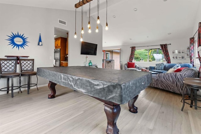 playroom featuring high vaulted ceiling, beam ceiling, billiards, and light hardwood / wood-style flooring