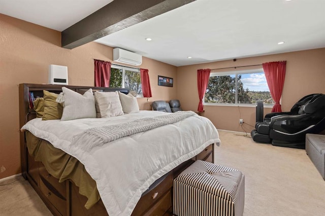 bedroom with a wall mounted AC, light colored carpet, and multiple windows