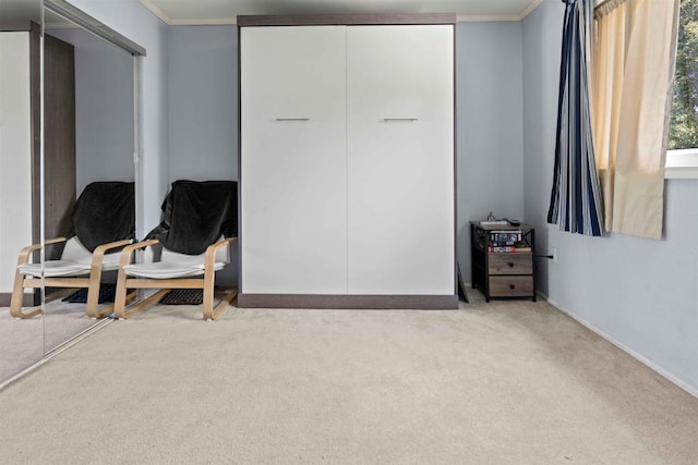 living area featuring light colored carpet and ornamental molding