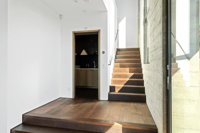 stairs with hardwood / wood-style floors