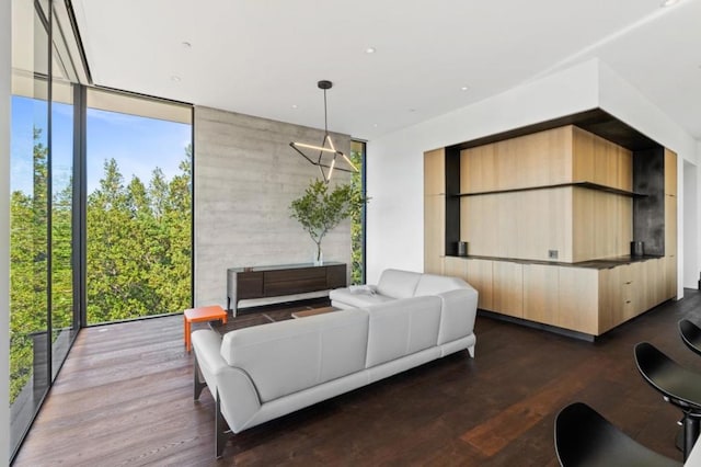 living room featuring dark hardwood / wood-style floors and expansive windows