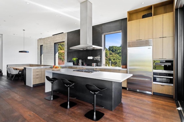 kitchen featuring a kitchen island, a kitchen bar, appliances with stainless steel finishes, and island range hood