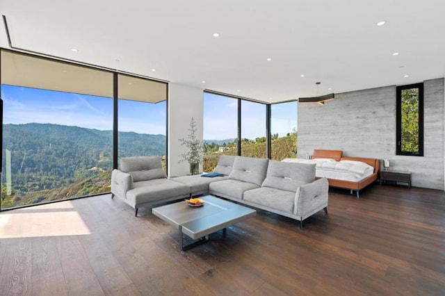 living room with a mountain view, wood-type flooring, and a healthy amount of sunlight