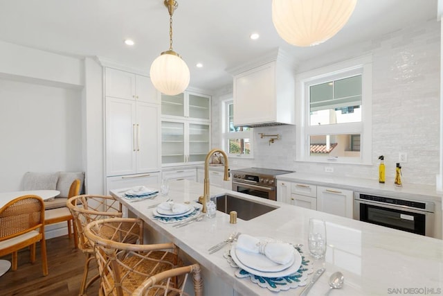 kitchen featuring white cabinets, appliances with stainless steel finishes, tasteful backsplash, and dark hardwood / wood-style floors