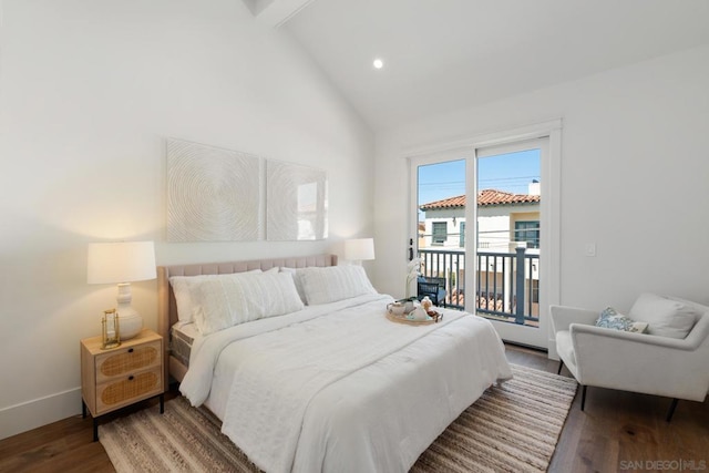 bedroom featuring dark hardwood / wood-style flooring, beam ceiling, access to exterior, and high vaulted ceiling