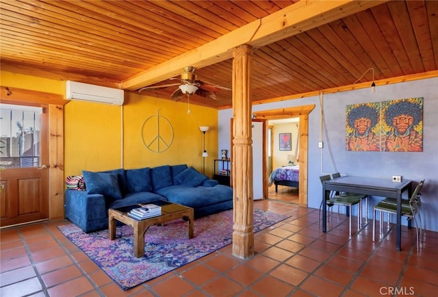 living room featuring tile patterned floors, wood ceiling, and a wall mounted air conditioner