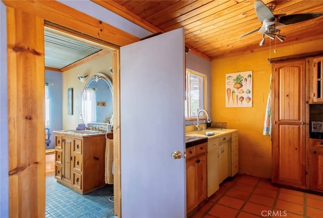 kitchen with ceiling fan, wooden ceiling, sink, and light tile patterned floors