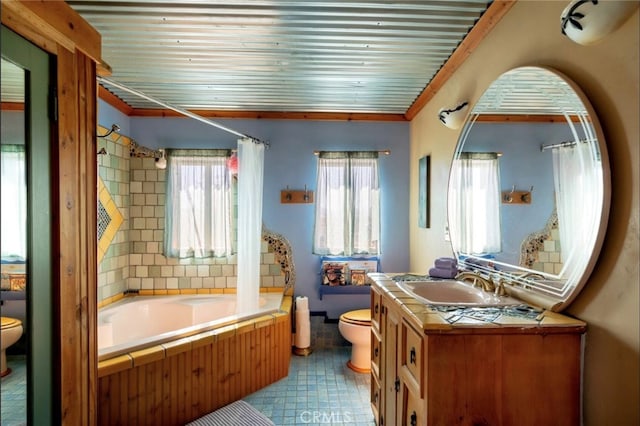 full bathroom featuring vanity, shower / tub combo, and toilet