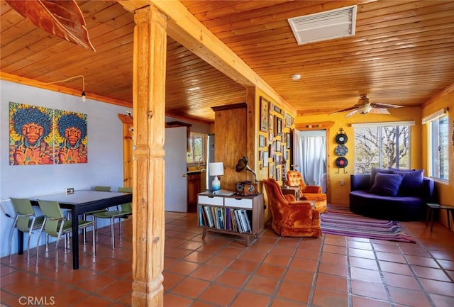 living room with wood ceiling, ornamental molding, ceiling fan, and tile patterned flooring