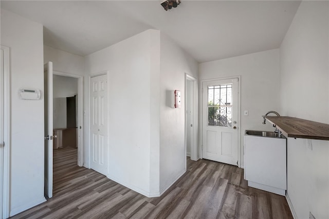 laundry room with sink and dark wood-type flooring