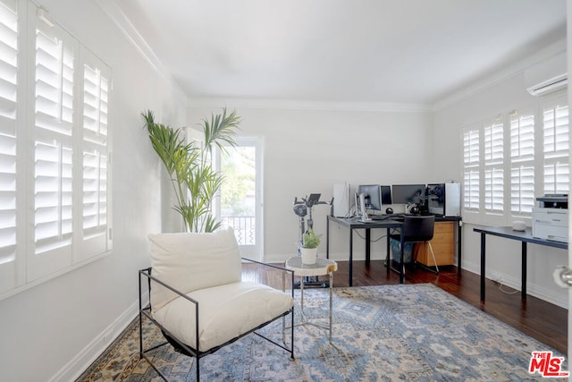 office area with a wall mounted AC, crown molding, and dark hardwood / wood-style flooring