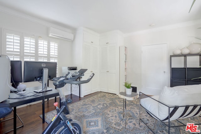 office space with ornamental molding, an AC wall unit, and dark wood-type flooring