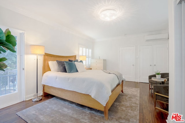 bedroom featuring a wall unit AC, crown molding, and dark hardwood / wood-style floors