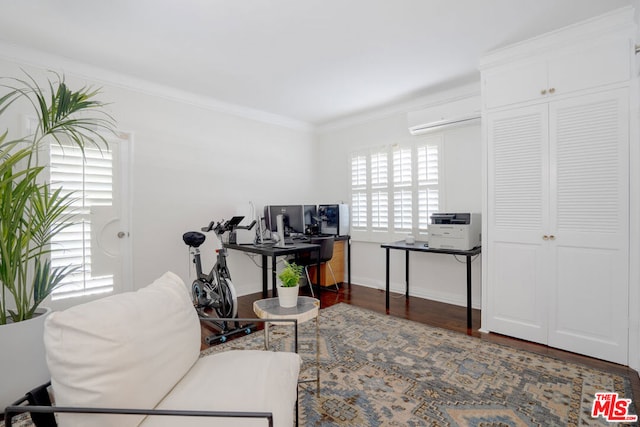 office area with a wall mounted AC, crown molding, and dark hardwood / wood-style flooring