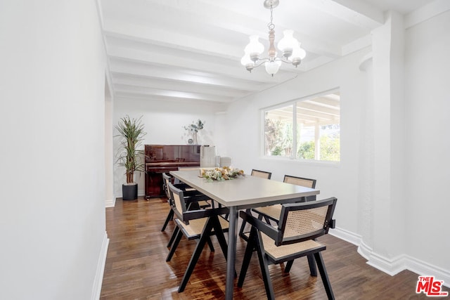 dining space featuring beamed ceiling, dark hardwood / wood-style floors, and a notable chandelier