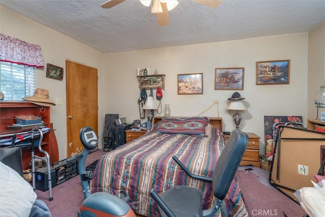 bedroom with light carpet, a textured ceiling, and ceiling fan