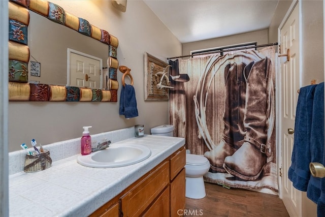 bathroom with vanity, toilet, hardwood / wood-style flooring, and curtained shower