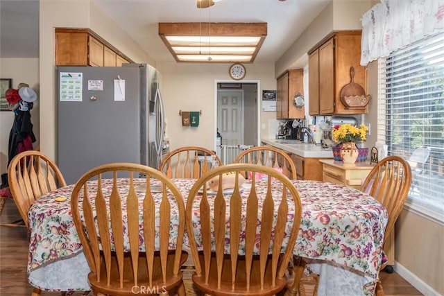 dining space with a wealth of natural light, sink, and dark hardwood / wood-style floors