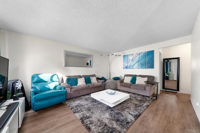 living room featuring wood-type flooring and a textured ceiling