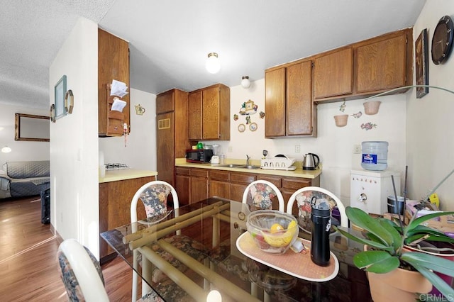 kitchen with wood-type flooring, sink, and a textured ceiling