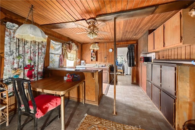 kitchen featuring kitchen peninsula, wooden walls, ceiling fan, and wood ceiling