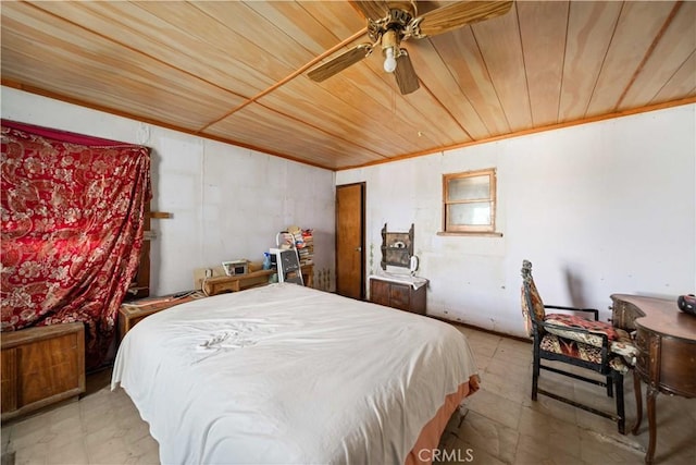 bedroom with ceiling fan, crown molding, and wood ceiling