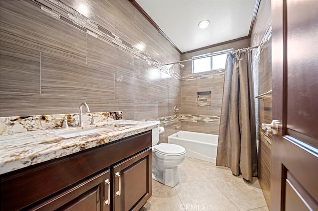 full bathroom featuring shower / bath combination with curtain, tile walls, toilet, ornamental molding, and vanity