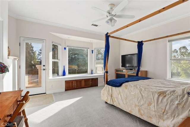 bedroom with ceiling fan, light colored carpet, access to outside, and multiple windows