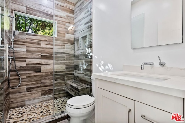 bathroom with vanity, toilet, and a tile shower