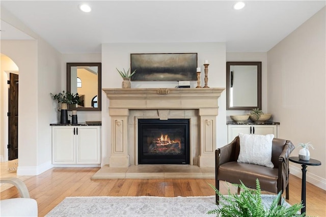 living area with a tile fireplace and light wood-type flooring