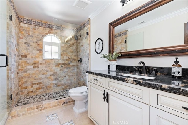 bathroom with walk in shower, tile patterned floors, toilet, ornamental molding, and vanity