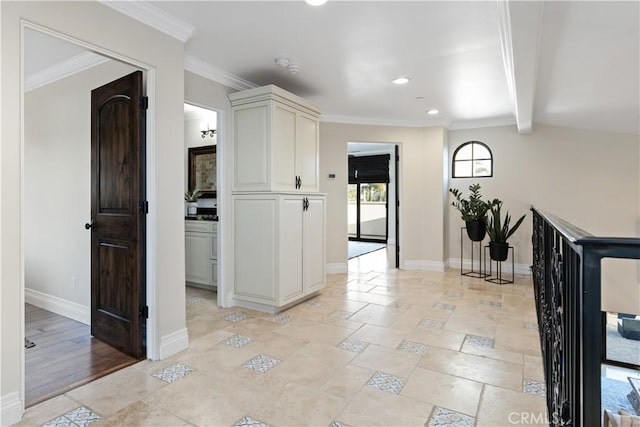 corridor featuring crown molding and beamed ceiling